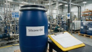 Industrial drum of silicone oil in a factory with safety review context