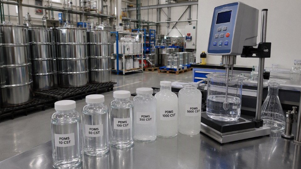Drums and samples of PDMS silicone oil in an industrial quality-control setting