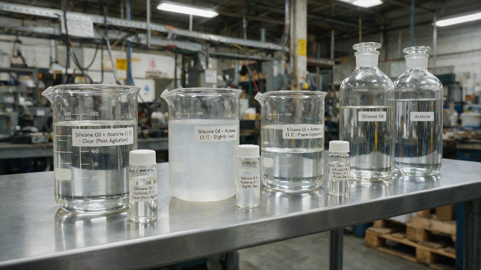 Laboratory comparison of silicone oil and acetone showing clear and phase-separated samples