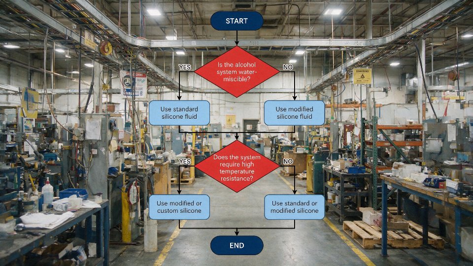 silicone-oil-alcohol-solubility-01-decision-flowchart-for-selecting-standard-modified-or-custom-silicone-for-alcohol-systems