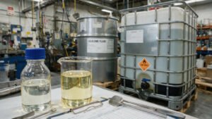 Clear silicone oil sample beside industrial drums in a plant receiving area