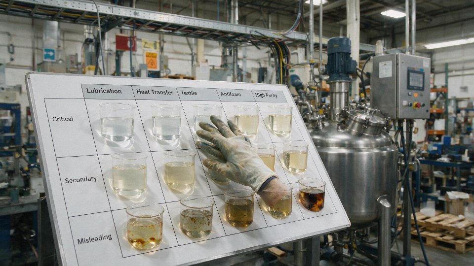 silicone-oil-appearance-guide-07-application-context-matrix-showing-where-appearance-is-critical-secondary-or-misleading-across-lubrication-heat-transfer-textile-antifoam-and-high-purity-uses