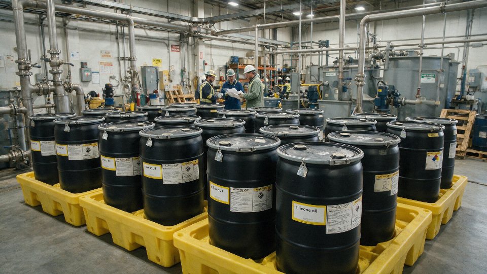 Industrial silicone oil drums in a factory waste handling area