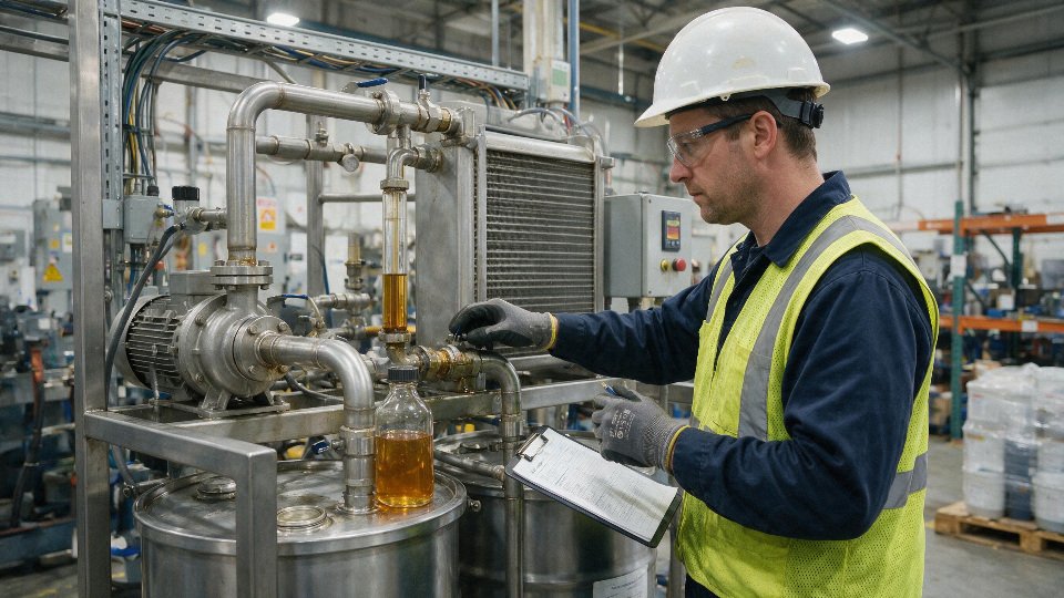 Technician inspecting aged silicone oil in an industrial processing system