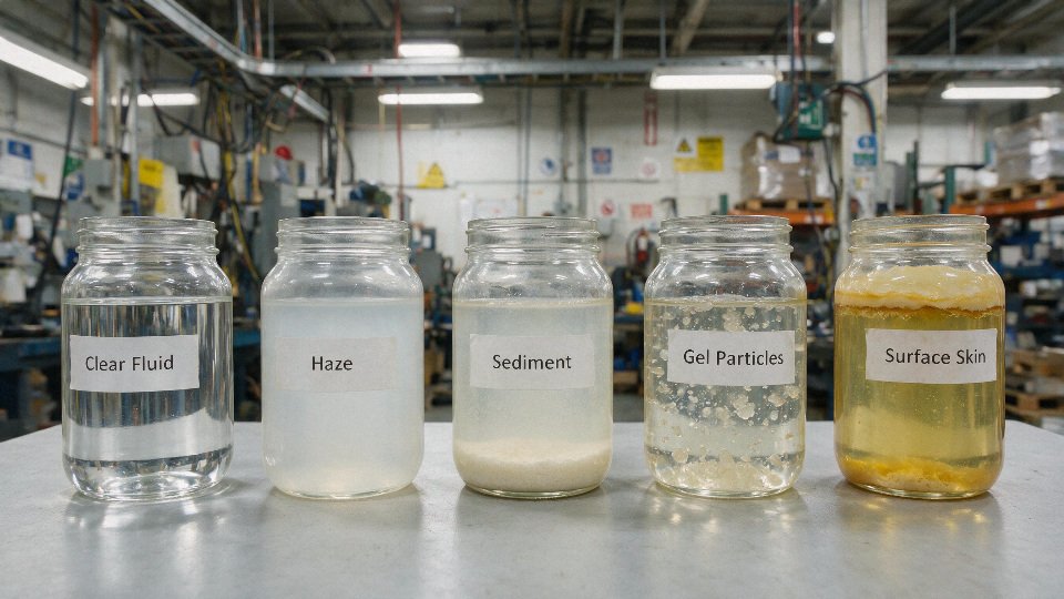 silicone-oil-degradation-time-01-silicone-oil-sample-comparison-showing-clear-fluid-haze-sediment-gel-particles-and-surface-skin-in-labeled-glass-jars