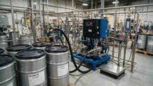 Industrial silicone oil drums with weighing and transfer equipment in a plant