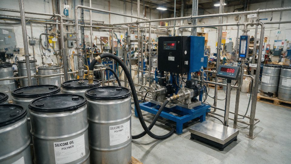 Industrial silicone oil drums with weighing and transfer equipment in a plant