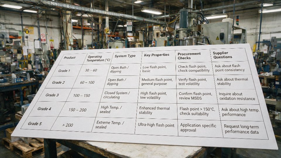 silicone-oil-flash-point-01-buyer-selection-matrix-for-silicone-oil-showing-operating-temperature-system-type-key-properties-procurement-checks-and-supplier-questions