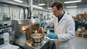 Laboratory technician testing silicone oil flash point with an open cup apparatus