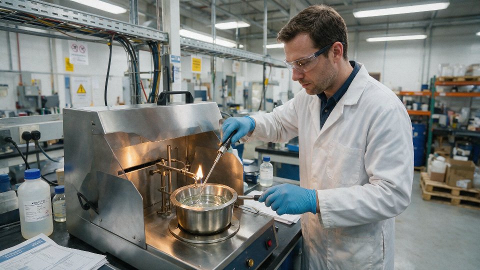 Laboratory technician testing silicone oil flash point with an open cup apparatus