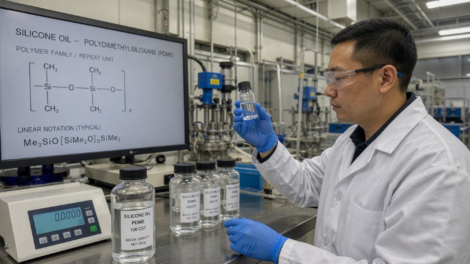 Clear silicone oil being inspected in an industrial laboratory with PDMS formula overlay