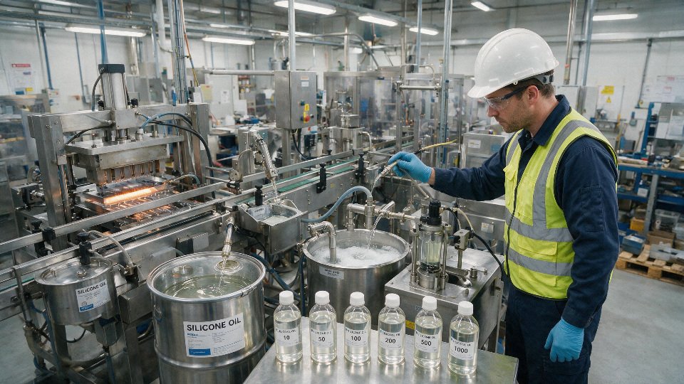Industrial maintenance scene showing silicone oil used in multiple plant applications