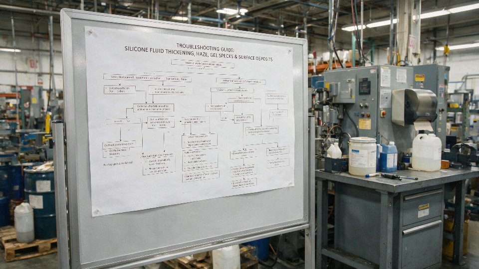 silicone-oil-polymerization-guide-01-troubleshooting-flowchart-for-silicone-fluid-thickening-haze-gel-specks-and-surface-deposits