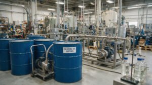Silicone oil drums and process equipment in an industrial plant