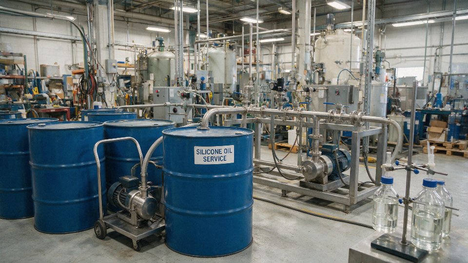 Silicone oil drums and process equipment in an industrial plant