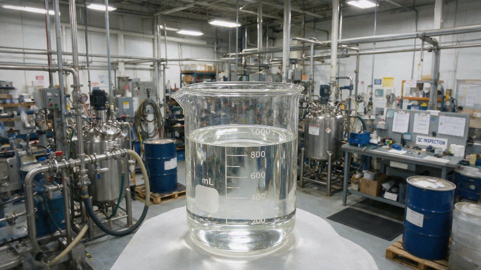 Clear silicone oil being inspected in an industrial processing plant