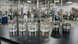 Silicone oil viscosity grades displayed in an industrial quality control setting