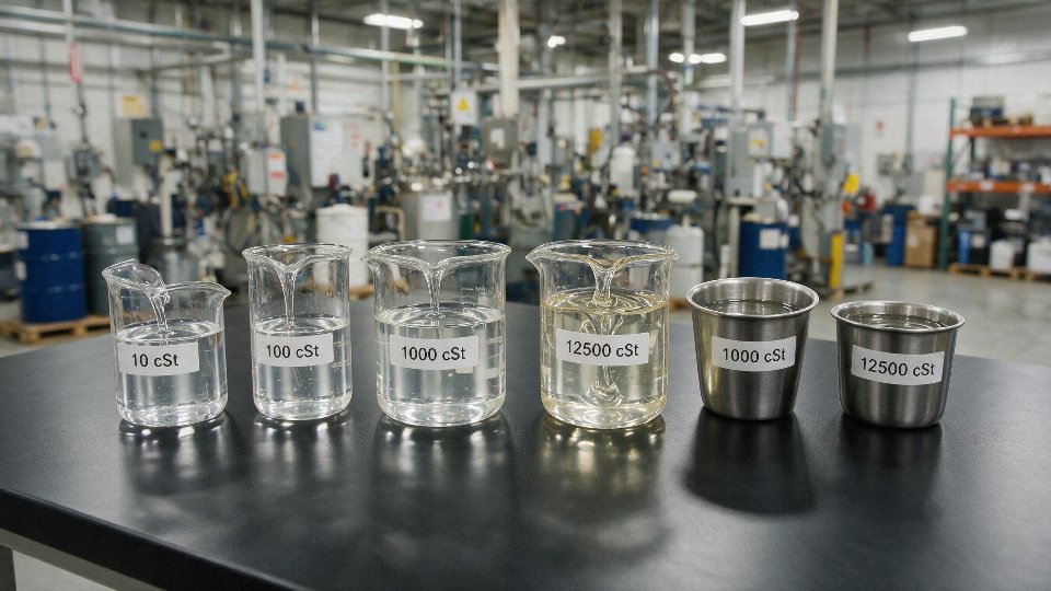 Silicone oil viscosity grades displayed in an industrial quality control setting