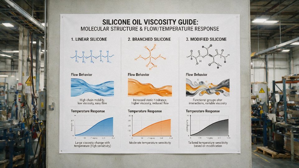 silicone-oil-viscosity-guide-01-schematic-comparing-linear-branched-and-modified-silicone-molecular-structures-and-how-they-affect-flow-and-temperature-response