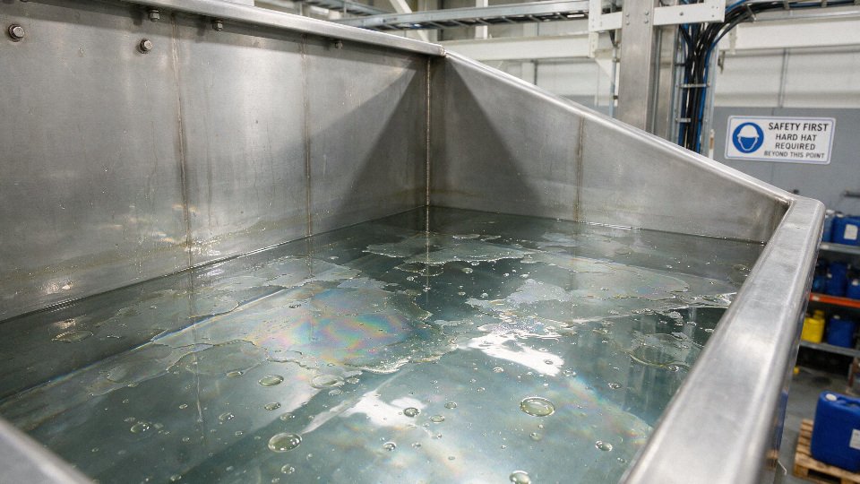 Silicone oil beading and spreading on water in an industrial wash tank