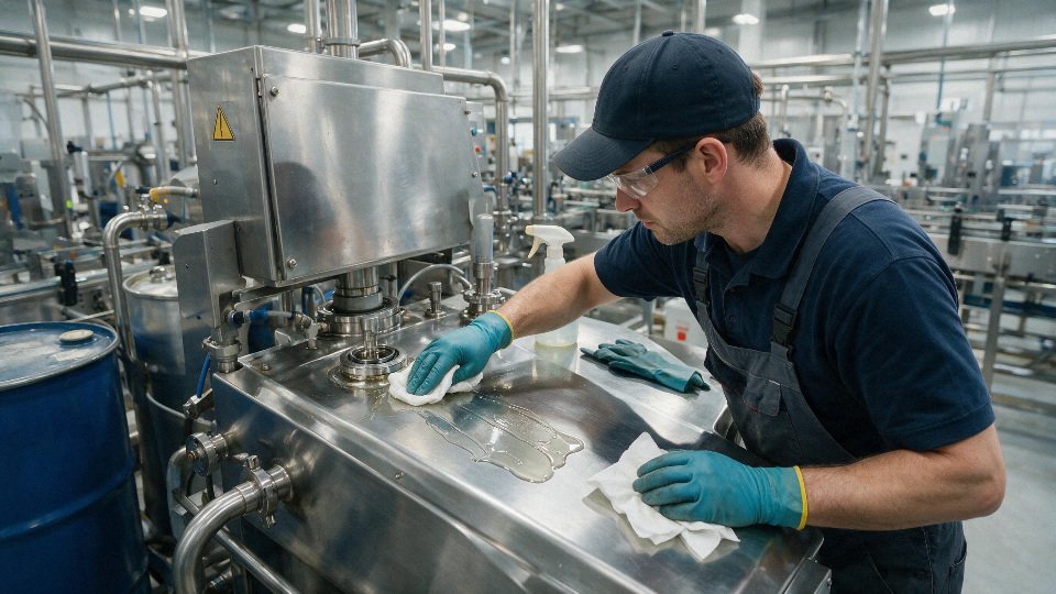 Industrial technician cleaning silicone oil residue from stainless steel equipment