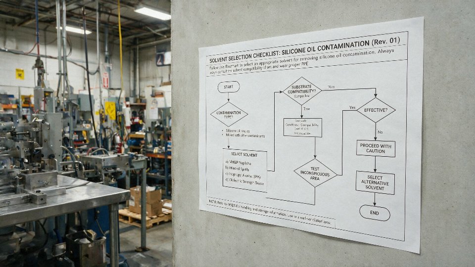 solvents-dissolve-silicone-oil-01-solvent-selection-checklist-flowchart-for-silicone-oil-contamination