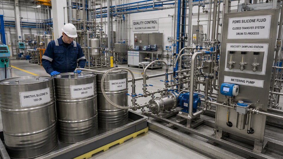 Stainless steel drums and process equipment for dimethyl silicone oil in an industrial plant