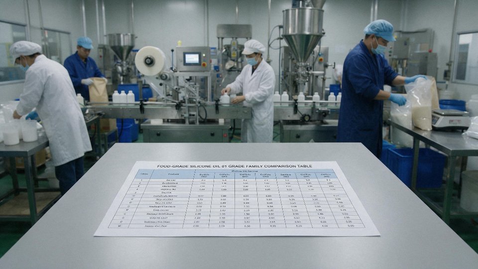 food-grade-silicone-oil-01-grade-family-comparison-table-and-packaging-handling-scene