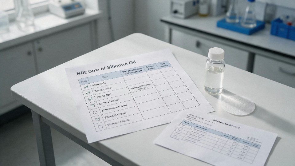 high-purity-silicone-oil-01-lab-checklist-table-showing-silicone-oil-purity-indicators-sample-vial-filter-membrane-and-test-report