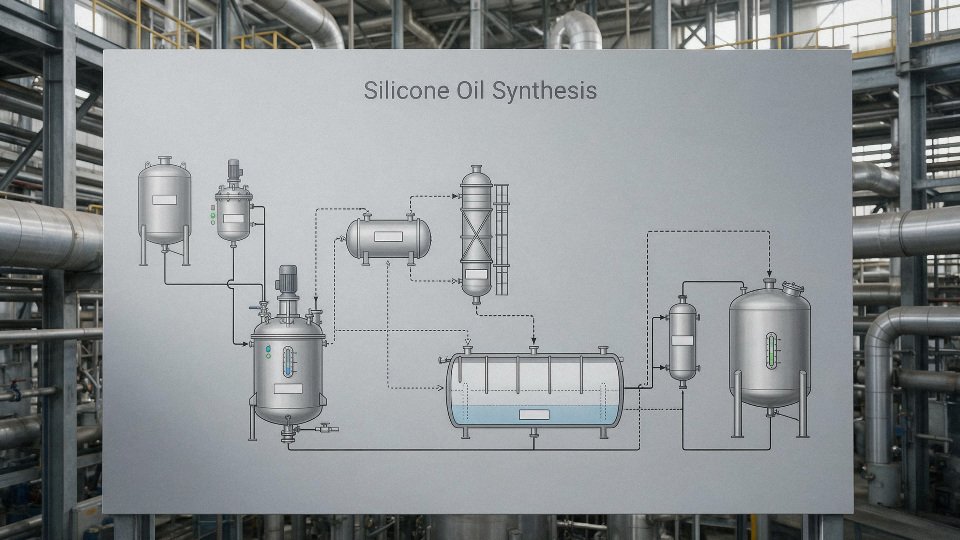 industrial-silicone-oil-synthesis-01-hydrolysis-reactor-and-phase-separation-schematic-with-hcl-scrubber-settler-and-drying-step