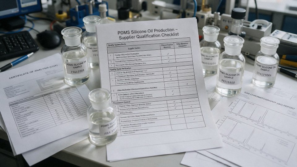 pdms-silicone-oil-production-08-supplier-qualification-checklist-table-on-engineer-desk-with-coa-gc-and-sample-bottles
