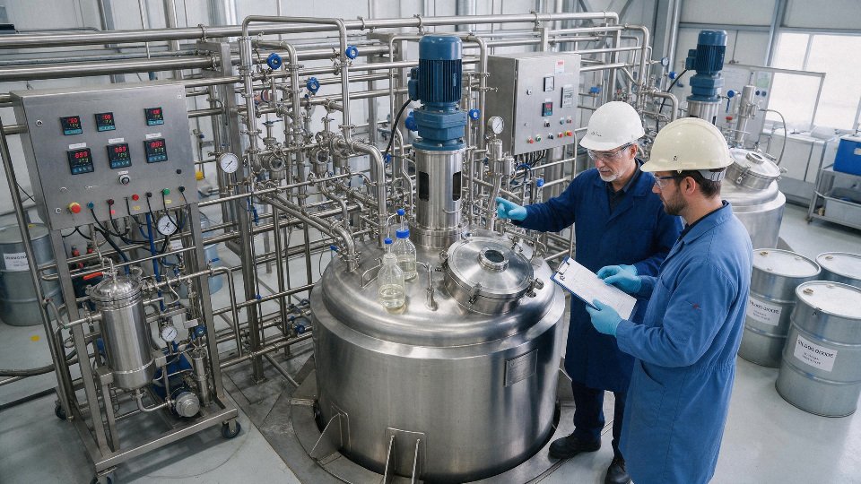 Silicone oil production reactor area with operators and process monitoring