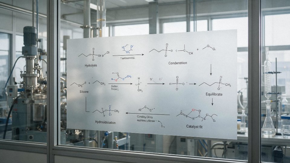 silicone-oil-catalysts-01-reaction-route-map-showing-hydrolysis-condensation-equilibration-hydrosilylation-and-catalyst-fit