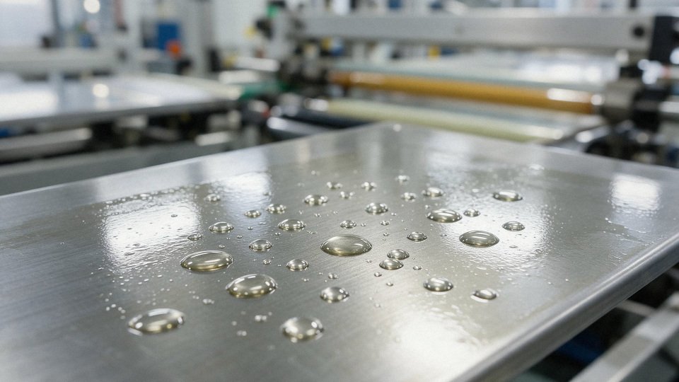 Water droplets beading on a silicone-oil-coated industrial metal surface
