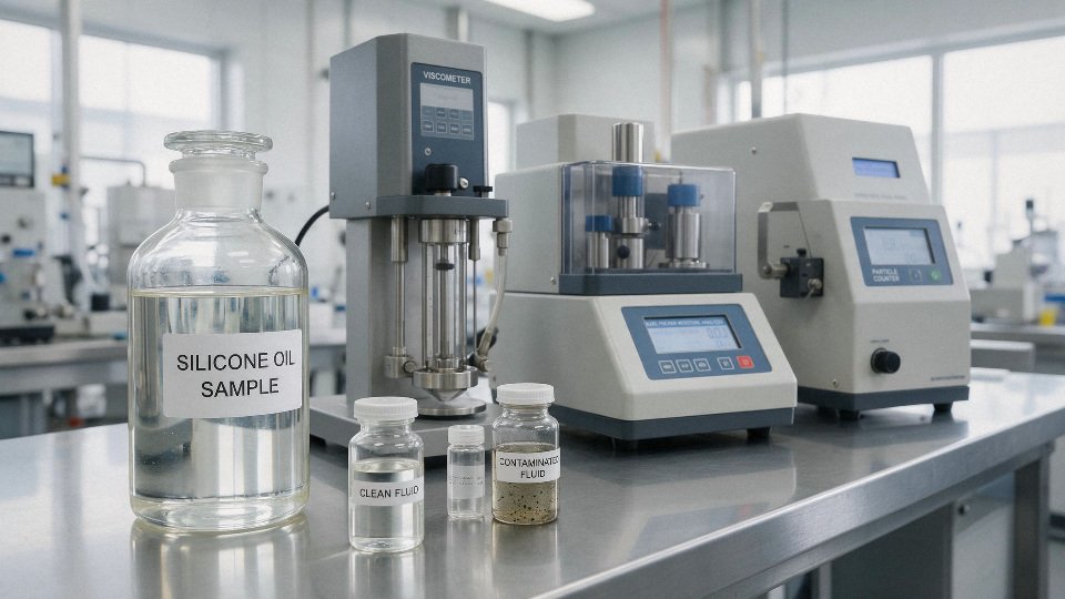 Clear silicone oil sample with contamination testing setup in an industrial laboratory