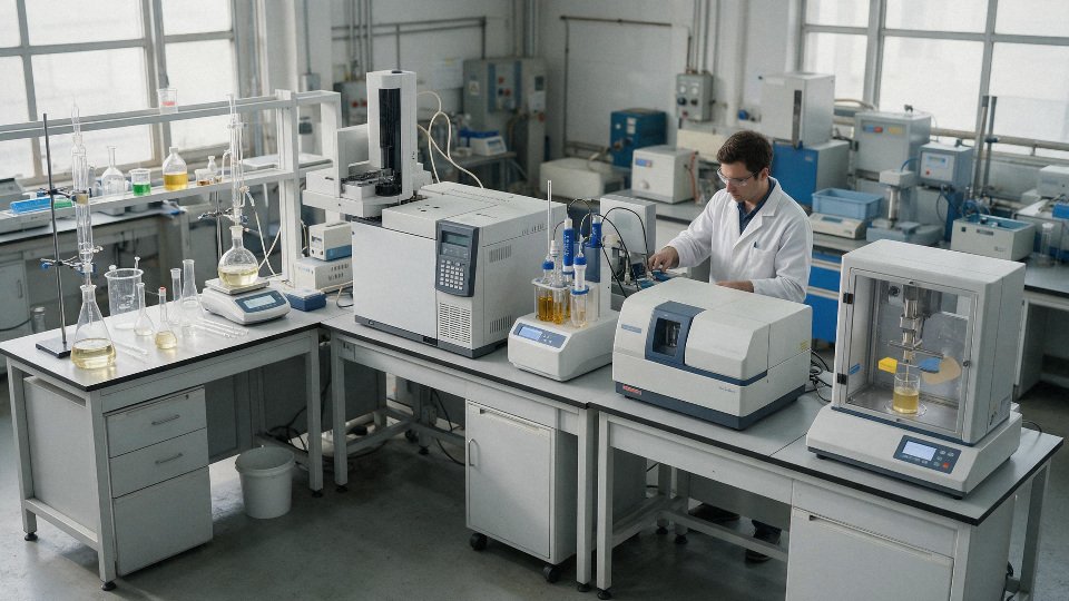 silicone-oil-impurities-01-lab-and-plant-quality-check-sequence-for-silicone-oil-showing-screening-tests-gc-karl-fischer-particle-analysis-and-application-simulation
