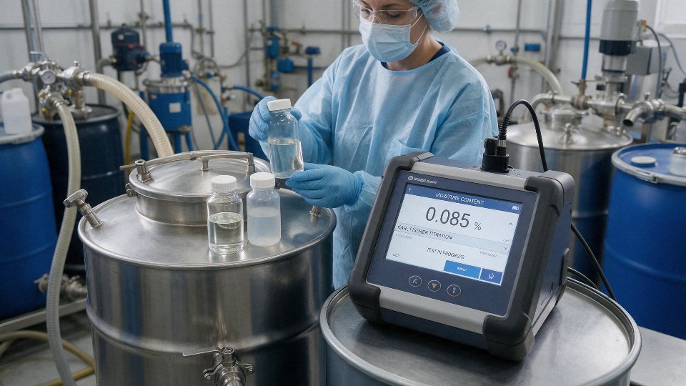 Industrial drum of silicone oil being tested for moisture in a factory setting