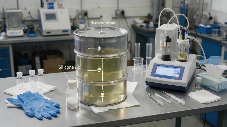 silicone-oil-moisture-01-sampling-points-on-drum-top-middle-bottom-with-dry-bottle-and-karl-fischer-lab-test