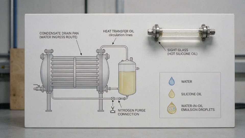 silicone-oil-moisture-01-water-ingress-routes-into-silicone-oil-drum-tank-heat-exchanger-condensation-diagram