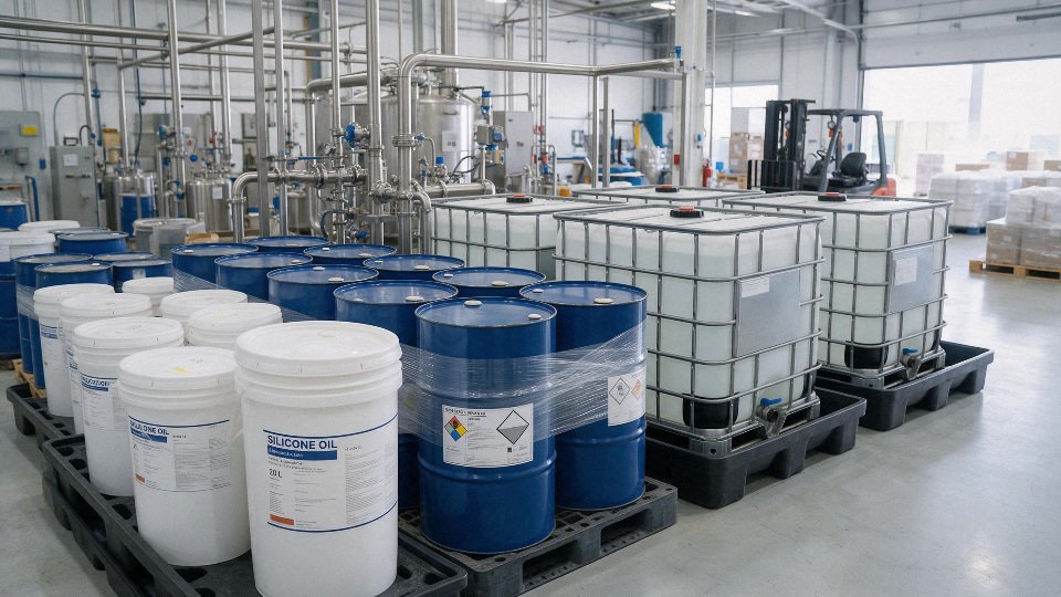 Industrial packaging of silicone oil in drums, pails, IBCs, and bulk transfer equipment