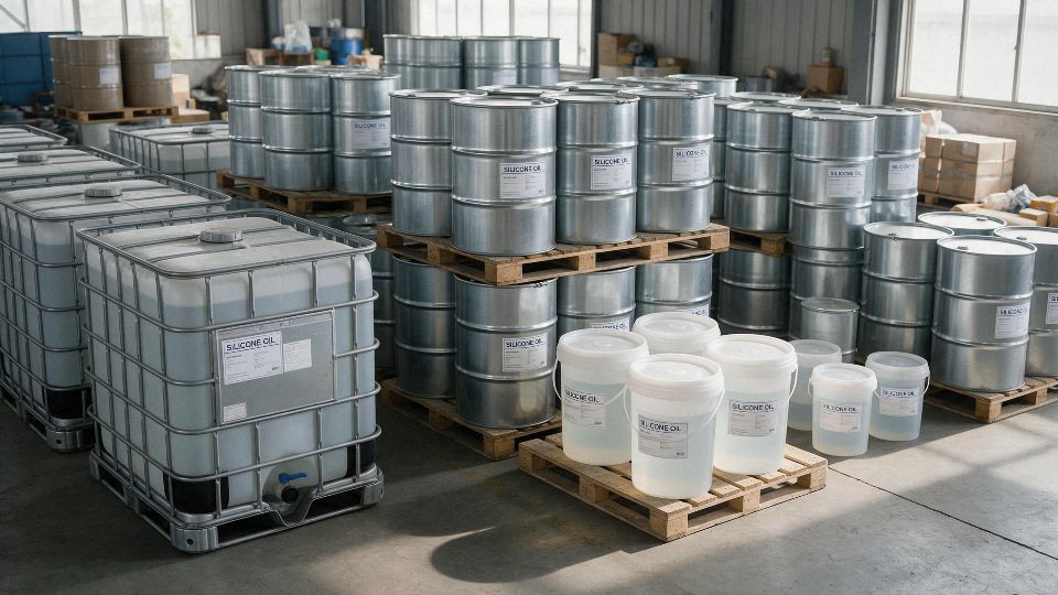 silicone-oil-packaging-06-warehouse-storage-of-drums-pails-and-ibcs-with-clear-labels-and-safe-aisle-spacing