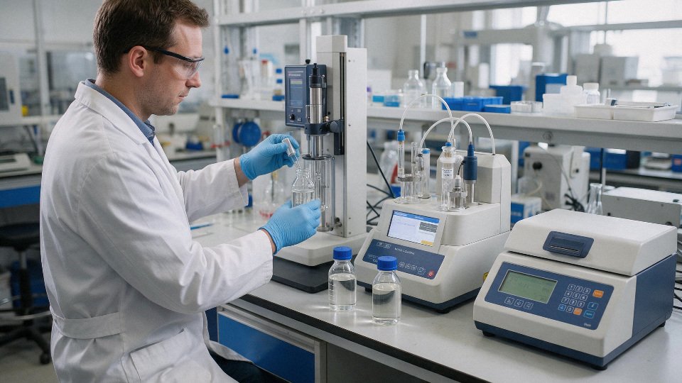 silicone-oil-purification-01-lab-technician-checking-clear-silicone-oil-samples-with-viscometer-karl-fischer-and-particle-counter