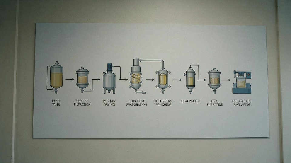 silicone-oil-purification-01-process-flow-diagram-showing-feed-tank-coarse-filtration-vacuum-drying-thin-film-evaporation-adsorptive-polishing-deaeration-final-filtration-and-controlled-packaging
