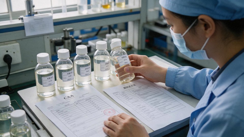 silicone-oil-quality-parameters-01-incoming-inspection-lab-checking-silicone-oil-sample-bottles-against-coa-and-test-method-sheet
