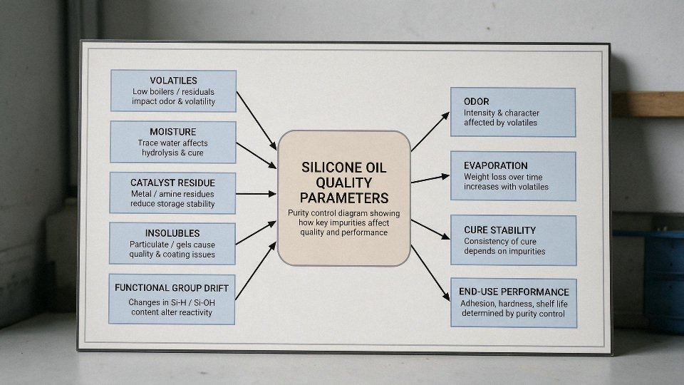 silicone-oil-quality-parameters-01-purity-control-diagram-showing-how-volatiles-moisture-catalyst-residue-insolubles-and-functional-group-drift-affect-odor-evaporation-cure-stability-and-end-use-performance