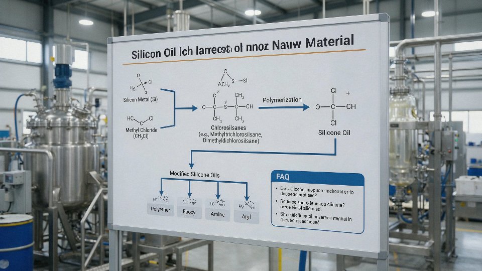 silicone-oil-raw-materials-01-faq-flowchart-showing-silicon-metal-and-methyl-chloride-to-chlorosilanes-to-silicone-oil-and-modified-silicone-oils