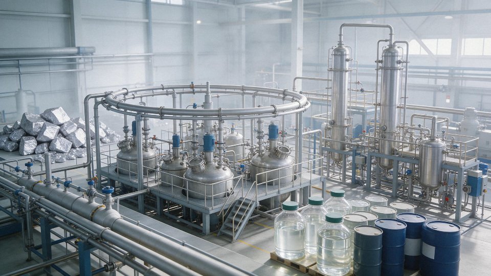 Industrial silicone oil production with silicon metal, methyl chloride, and processing equipment