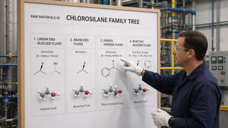 silicone-oil-raw-materials-02-chlorosilane-family-diagram-showing-how-different-monomers-create-linear-end-blocked-branched-phenyl-hydride-and-reactive-silicone-fluids