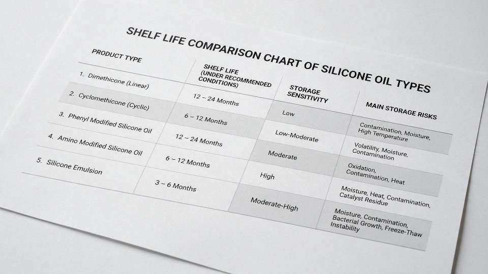 silicone-oil-shelf-life-01-comparison-chart-of-silicone-oil-types-by-shelf-life-sensitivity-and-main-storage-risks