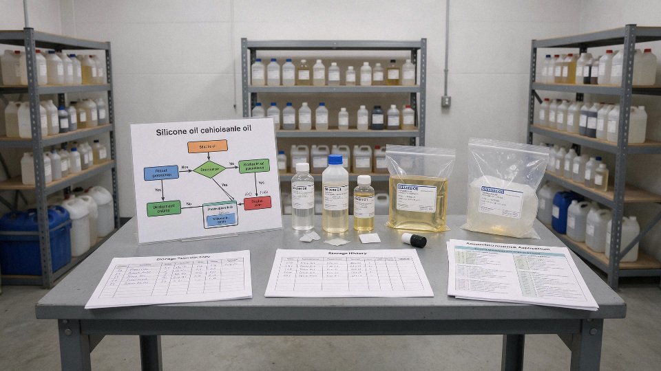 silicone-oil-shelf-life-01-decision-flowchart-for-use-test-or-replace-based-on-package-status-age-storage-history-and-application-criticality